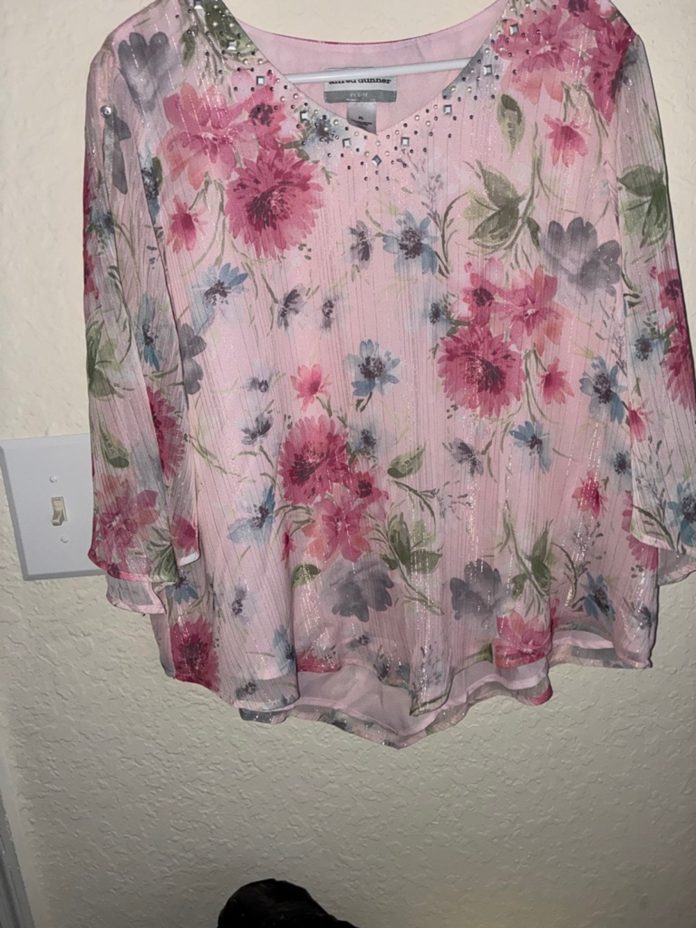 Alfred Dunner Pink Floral Blouse with Embellished Neckline